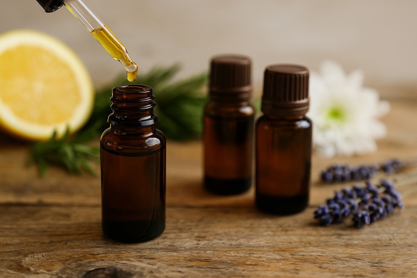 Atherische Öle auf Holzoberfläche