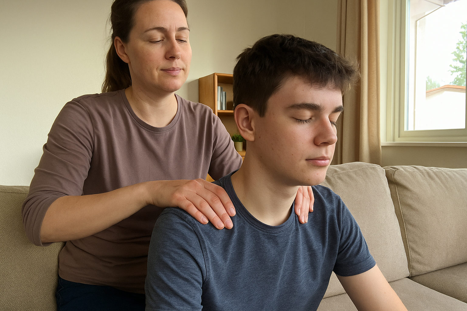 Mutter massiert sanft die Schultern ihres jugendlichen Sohnes als ruhiges Entspannungsritual