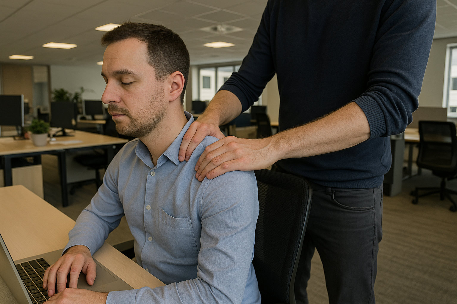 Massage am Arbeitsplatz: kurze Schulter- und Nackenmassage am Bürostuhl