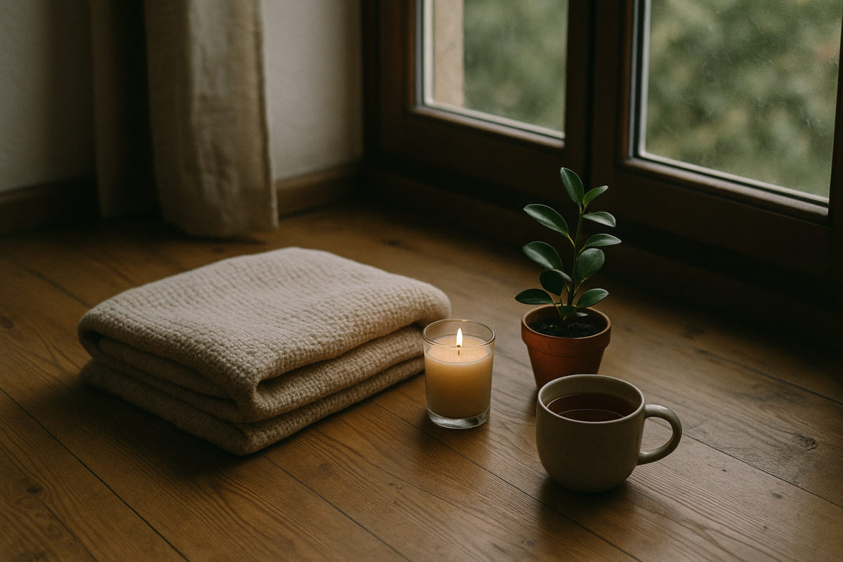 Ruhige Wellness-Ecke mit Decke, Kerze und Tee am Fenster