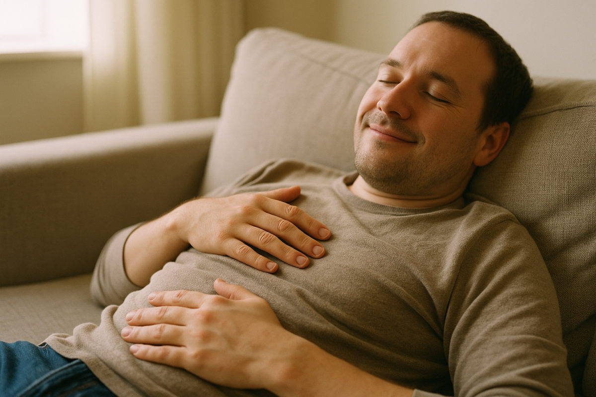 Person übt Bauchatmung mit einer Hand auf Bauch und einer auf der Brust.