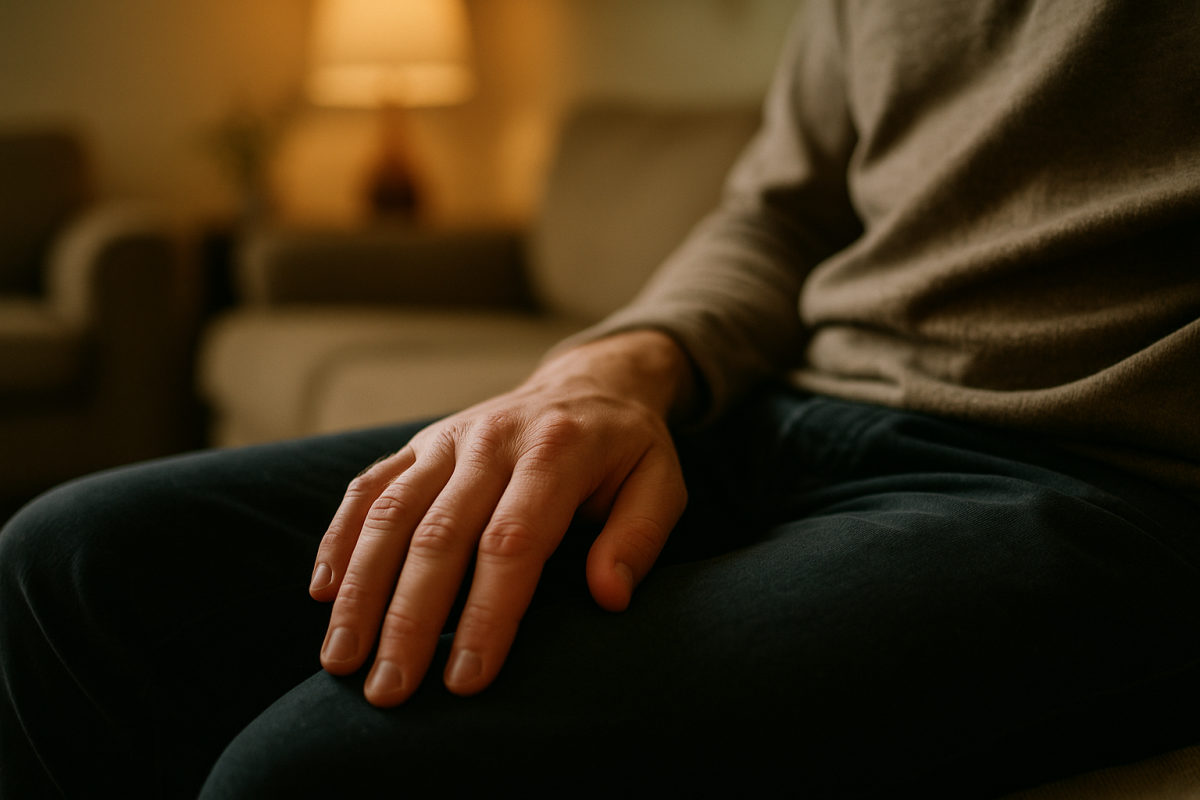 Entspannte Hand einer sitzenden Person als Sinnbild für Schwere und Wärme beim autogenen Training