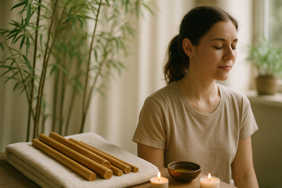 Ruhige Spa-Atmosphäre mit Bambuspflanzen und bereitliegenden Bambusstäben für eine Wellness-Massage