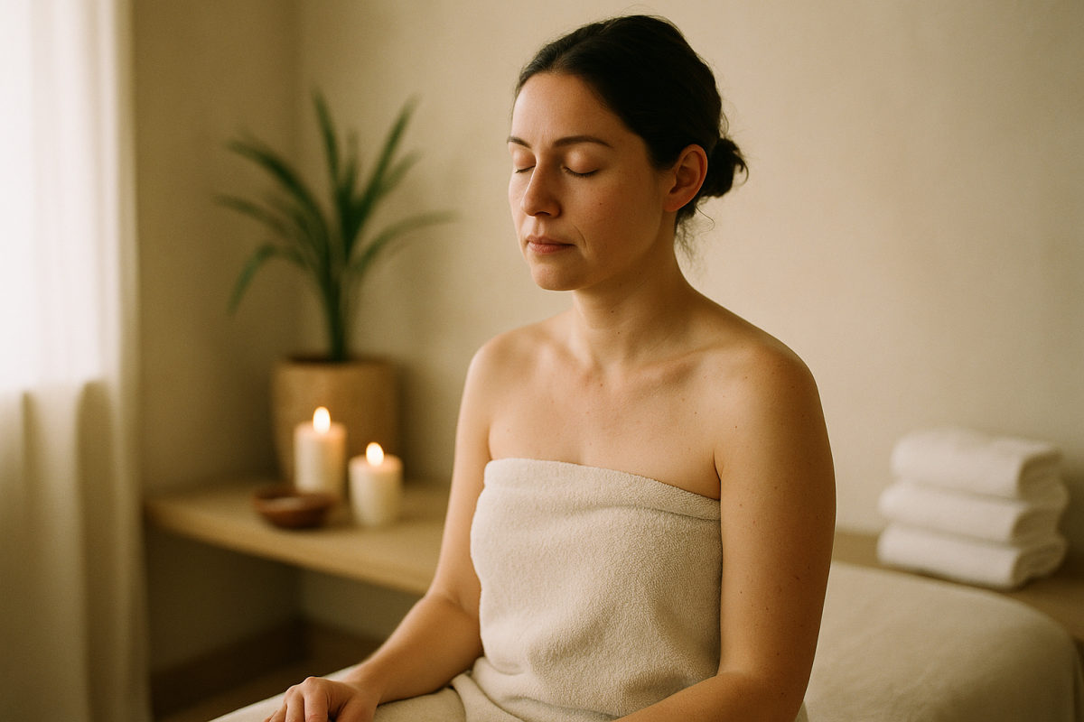 Therapeutin rollt einen warmen Bambusstab über den Rücken einer entspannten Klientin bei einer Bambusmassage