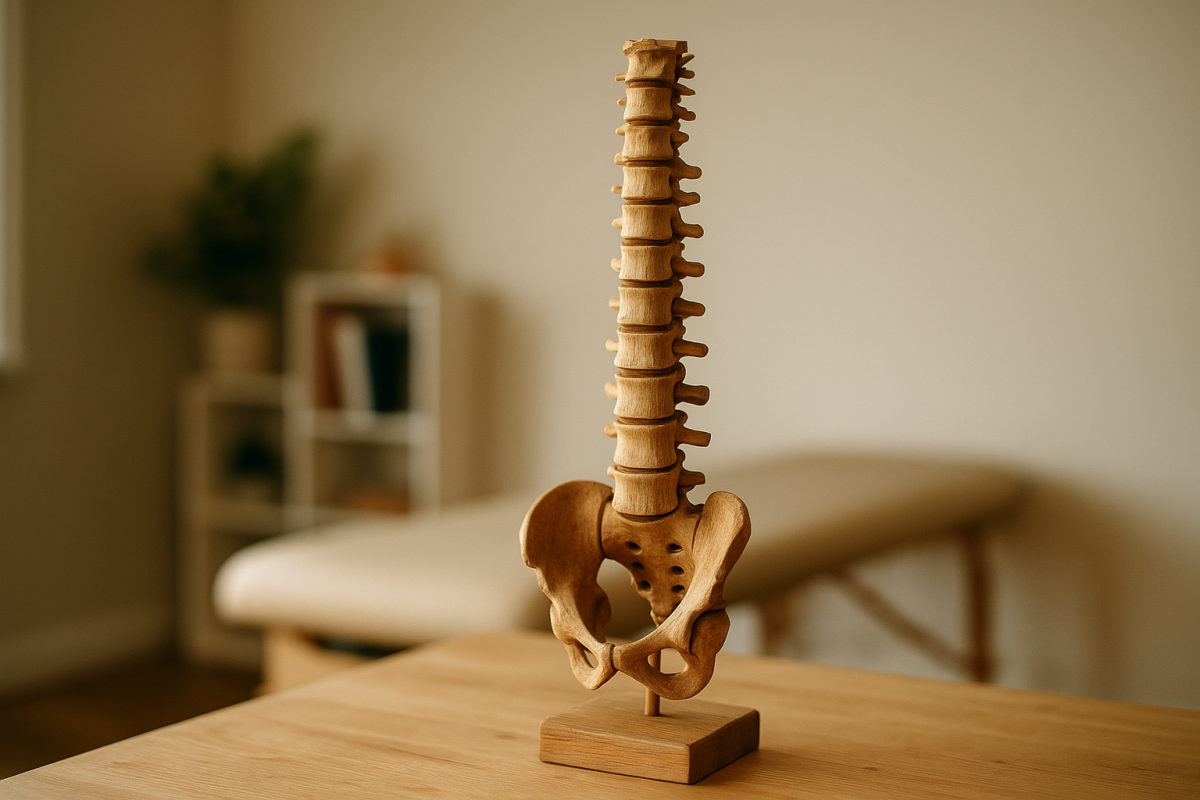Anatomisches Holzmodell der Wirbelsäule auf einem Tisch im Therapieraum