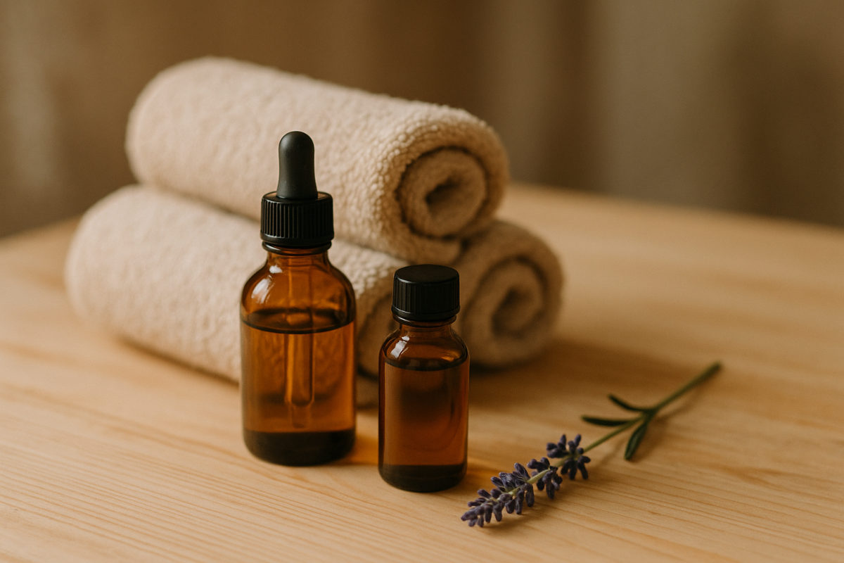 Massageöl-Flaschen und gerollte Handtücher als Wellness-Stillleben