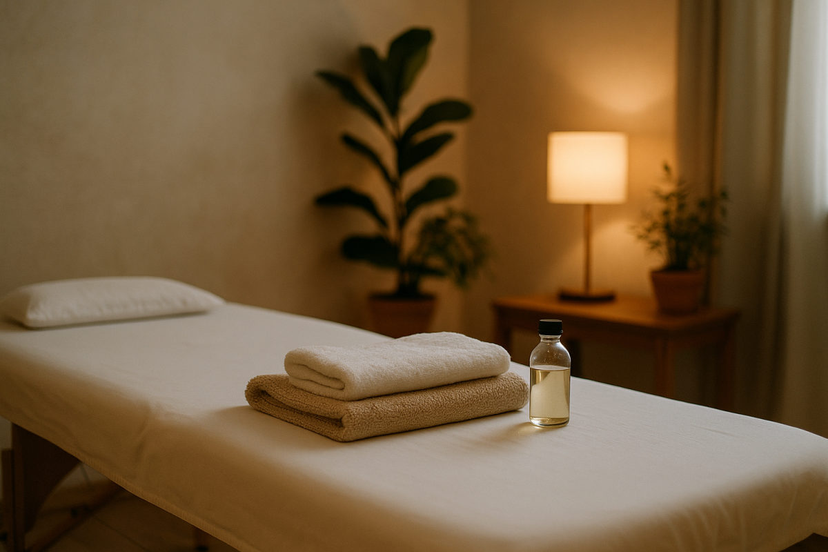 Ruhiger Massageraum mit vorbereiteter Liege, Handtüchern und Massageöl