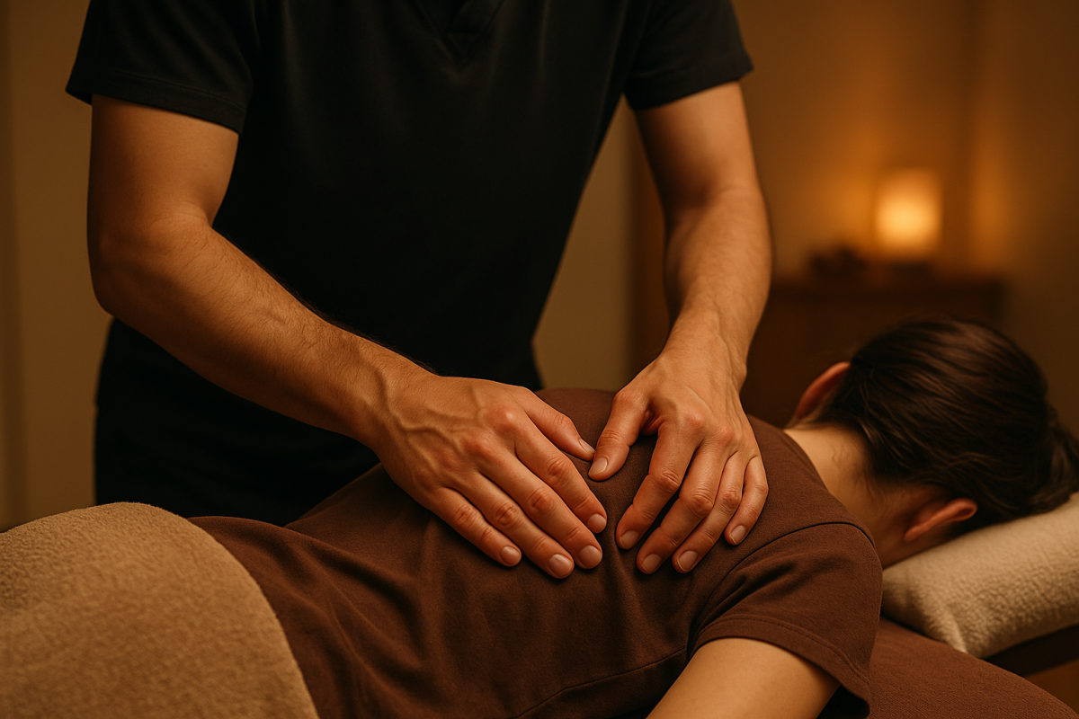 Sanfter Knetgriff an der Schulter- und Rückenmuskulatur während einer wohltuenden Wellness-Rückenmassage