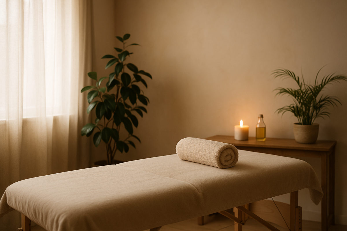Ruhig vorbereiteter Wellness-Raum mit Massageliege, warmem Tuch, Massageöl und gedämpftem Licht für eine Rückenmassage