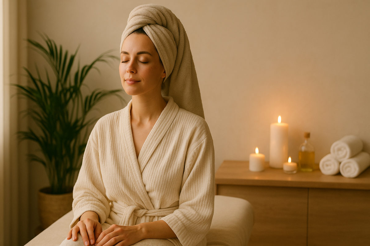 Entspannte Person liegt bauchwärts auf einer Massageliege, sanfte Hände an der Schulterpartie in ruhiger Spa-Atmosphäre