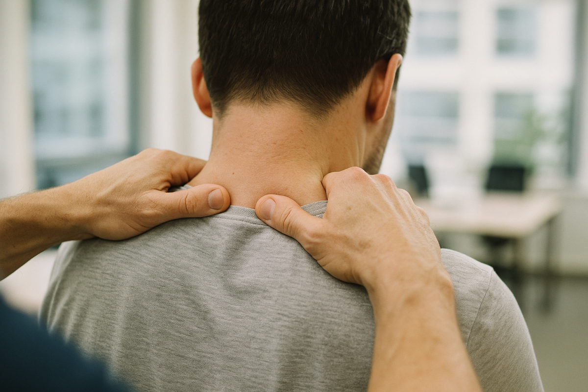 Hände einer Masseurin kneten Nacken und Schultern einer bekleideten sitzenden Person
