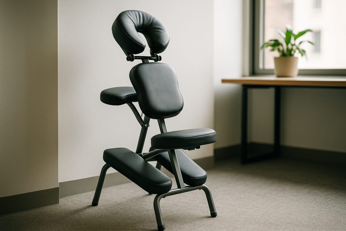 Aufgebauter mobiler Massagestuhl in einer ruhigen Büroecke bei Tageslicht