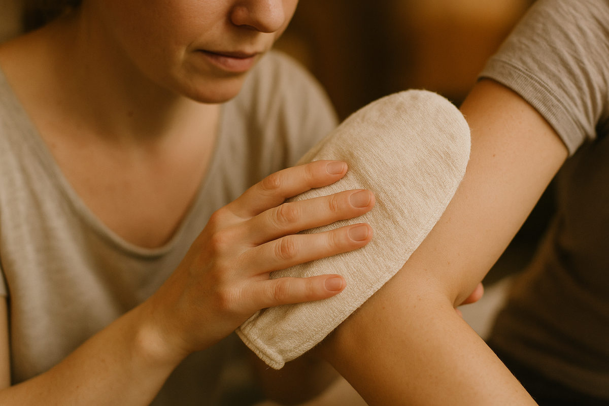 Detailaufnahme eines Seidenhandschuhs, der sanft über die Haut gleitet