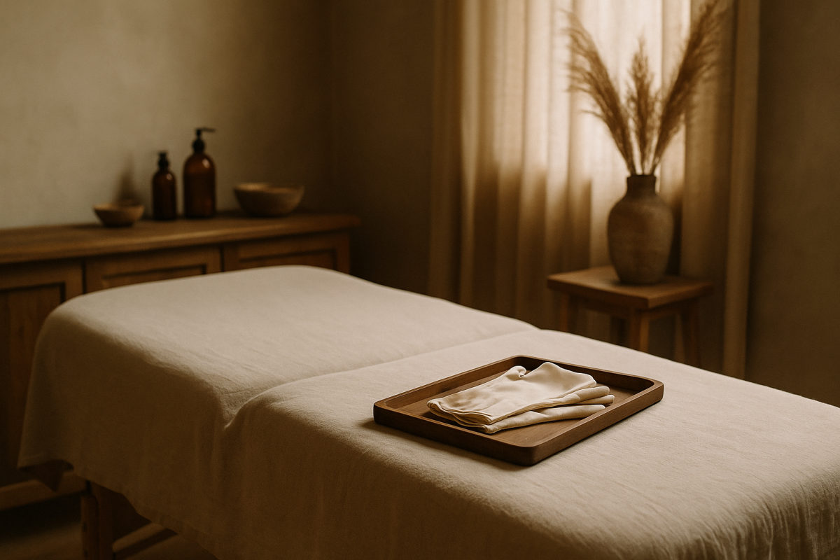 Ruhige ayurvedische Wellness-Atmosphäre mit Seidenhandschuhen auf einem Holztablett