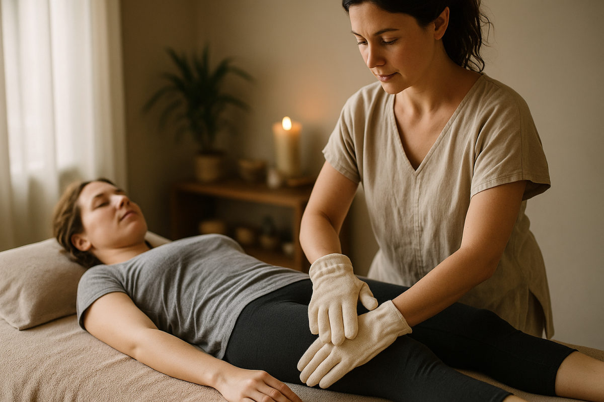 Ayurvedische Garshan-Trockenmassage mit Seidenhandschuhen am Arm und Bein in entspanntem Wellness-Ambiente