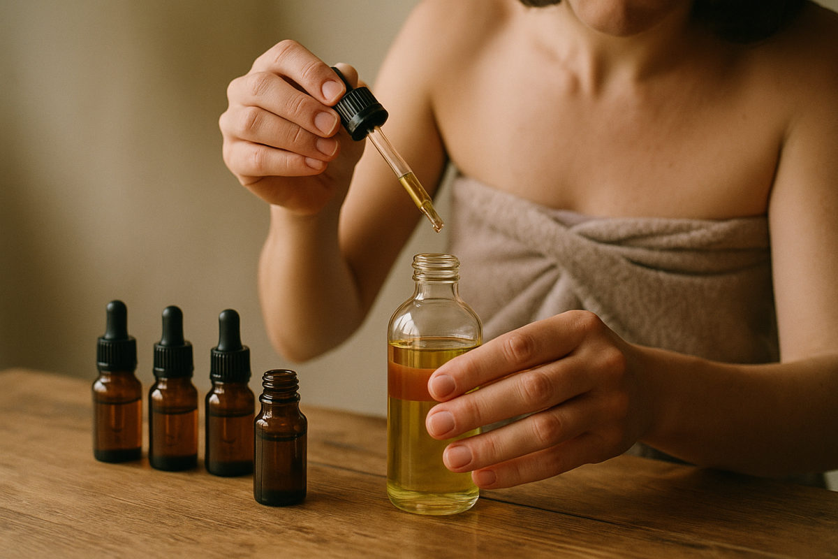 Ätherische Öl-Fläschchen und eine Pipette beim Anmischen eines Massageöls