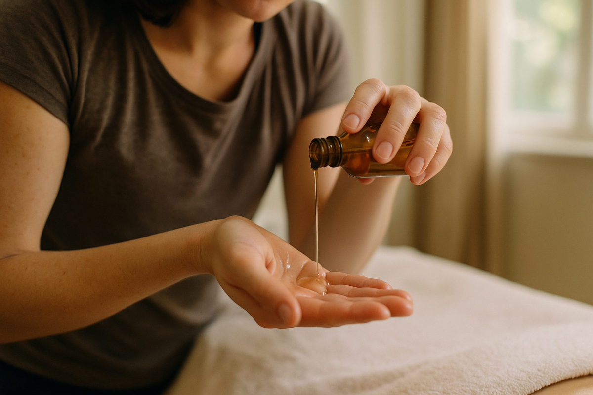 Hände gießen Massageöl für eine sanfte Ölmassage in die Handfläche