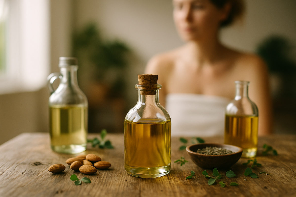 Selbstgemachtes Massageöl in einer Glasflasche mit Basisölen und Kräutern auf einem Holztisch