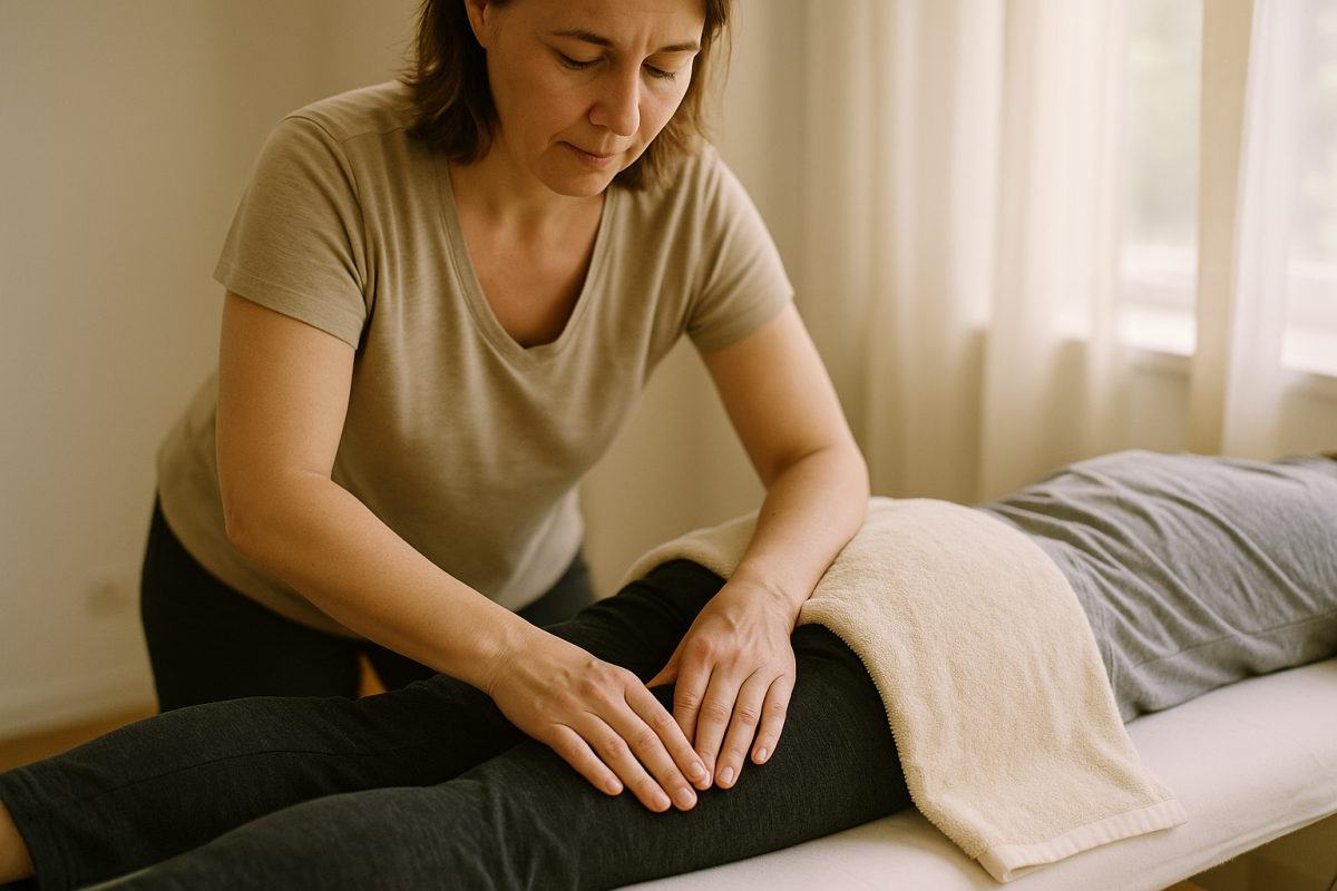 Sanfte Massage der Oberschenkel- und Gesäßmuskulatur durch eine Angehörige, die Person ist mit einem Handtuch bedeckt