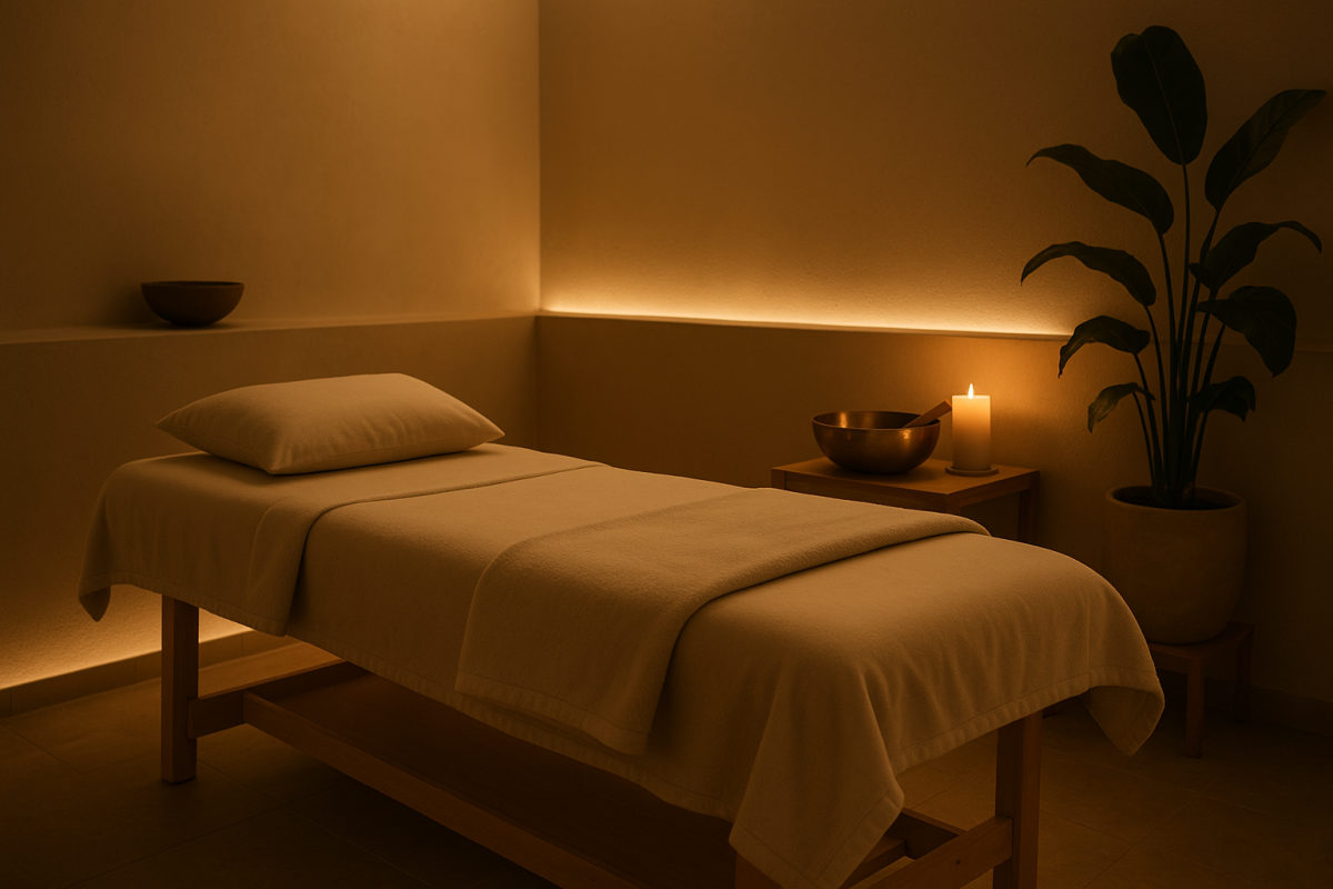 Vorbereiteter ruhiger Wellnessraum mit Liege, Decke und bereitstehender Klangschale bei gedaempftem Licht