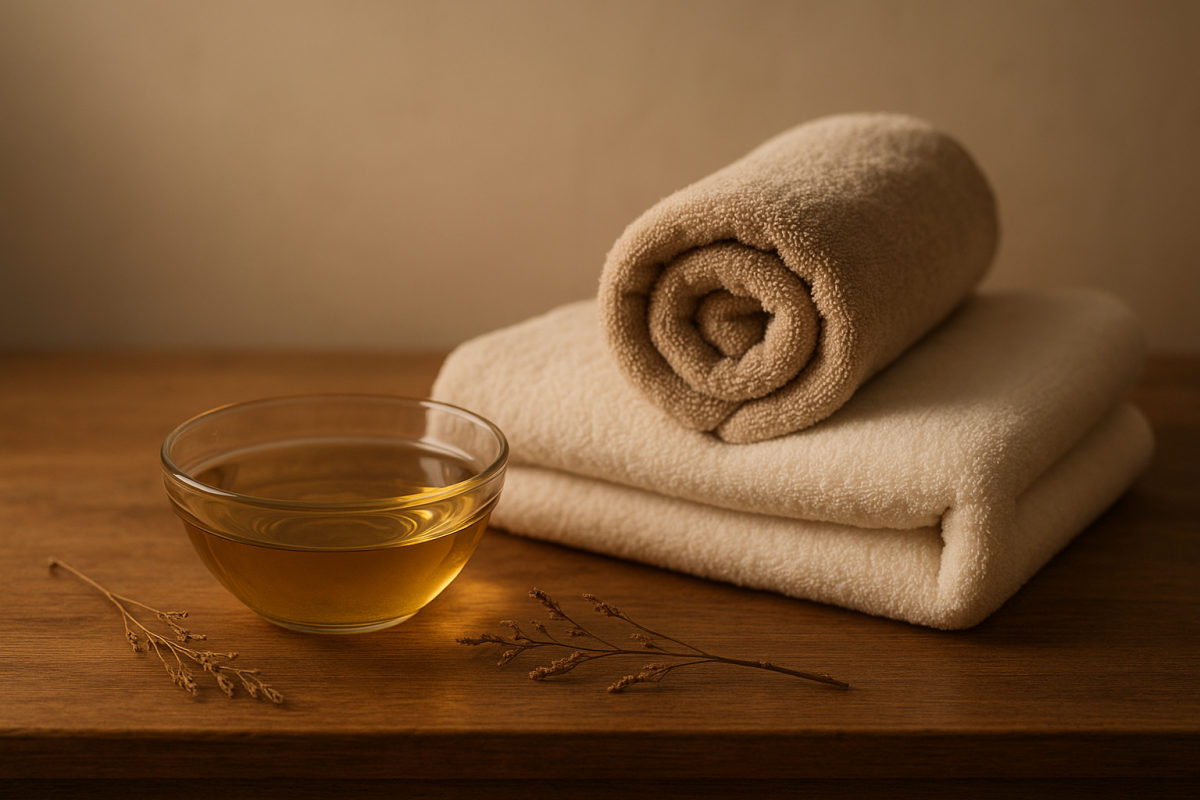 Vorbereitete Massage-Utensilien: Schale mit Öl und gerollte Handtücher auf einem Holztisch im warmen Licht