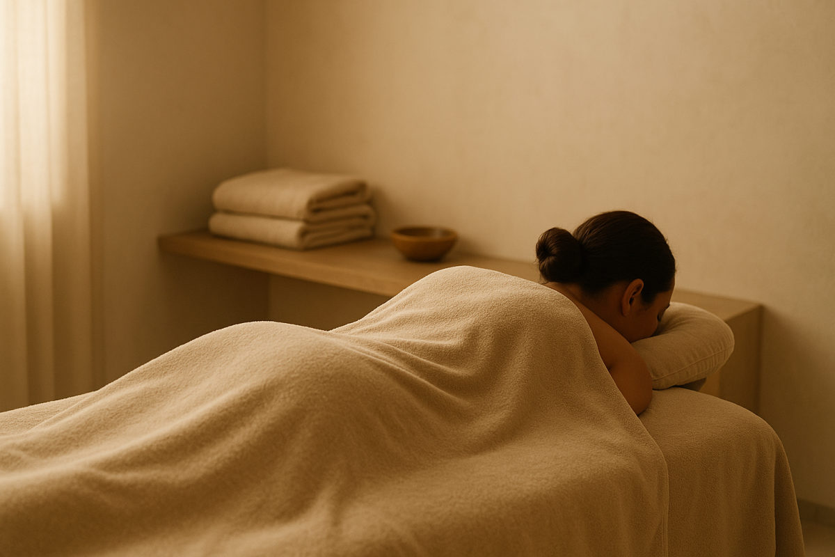 Entspannt auf einer Massageliege liegende, mit einem Tuch bedeckte Person in einem ruhigen, warm beleuchteten Wellnessraum