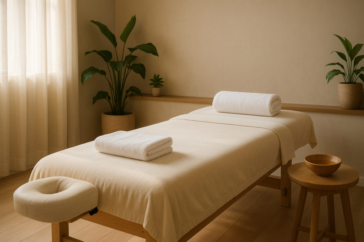 Ruhiger Wellness-Massageraum mit Liege, gefalteten Handtüchern, warmem Licht und einer Schale Massageöl