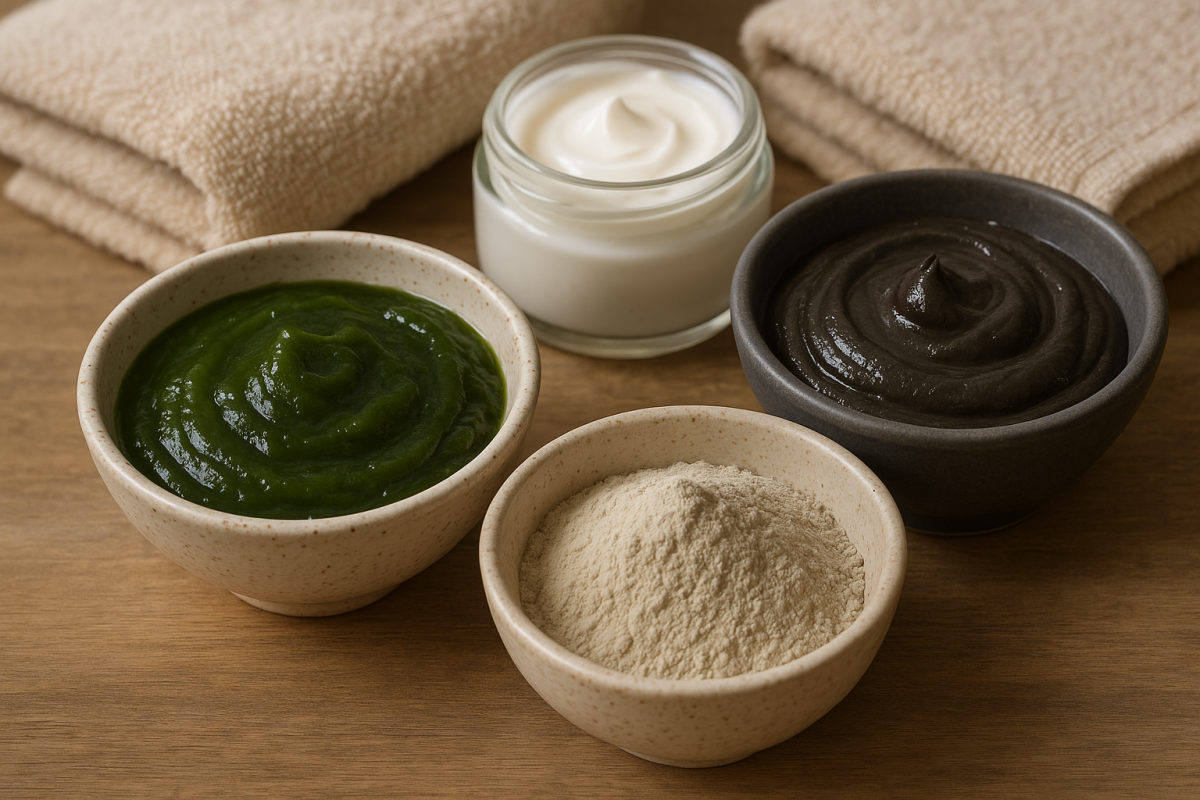Natürliche Wirkstoffe für Körperpackungen: Algen, Moor, Heilerde und pflegende Creme in Schalen auf einem Wellnesstisch