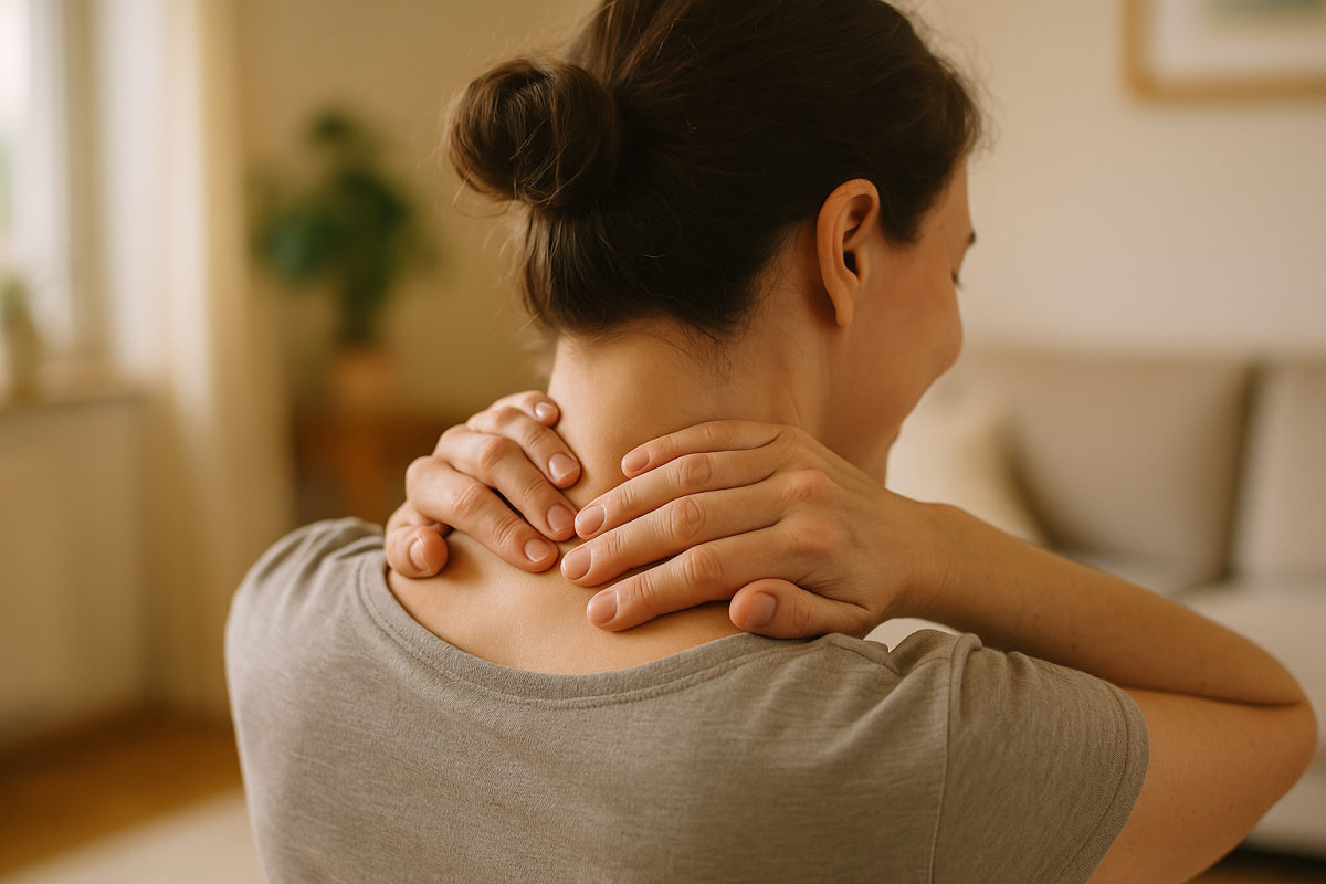 Hände üben bei einer Selbstmassage sanften Druck auf Nacken und Schultern aus