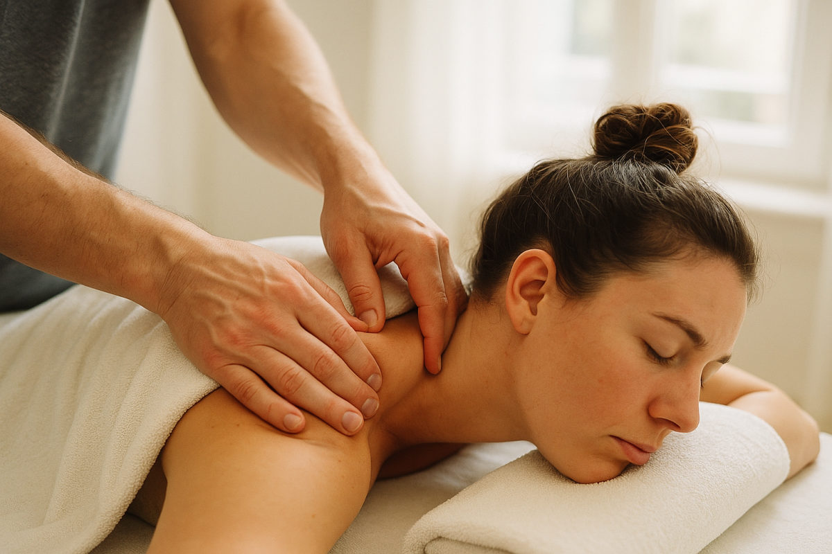 Massagegriff an Nacken und Schulter, Hände kneten den Trapezmuskel