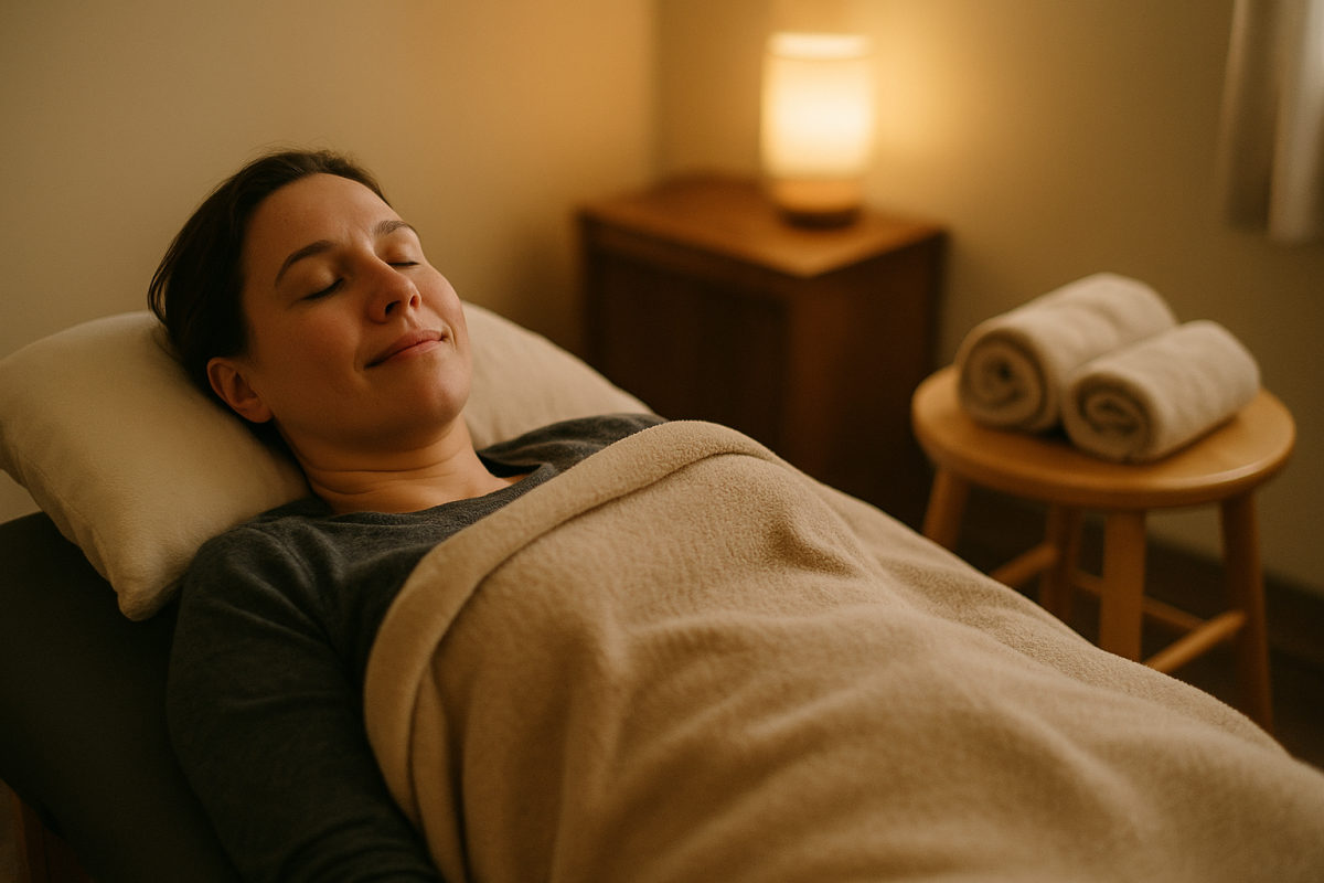 Entspannte Person in warmer, behaglicher Wellness-Atmosphäre unter weicher Decke