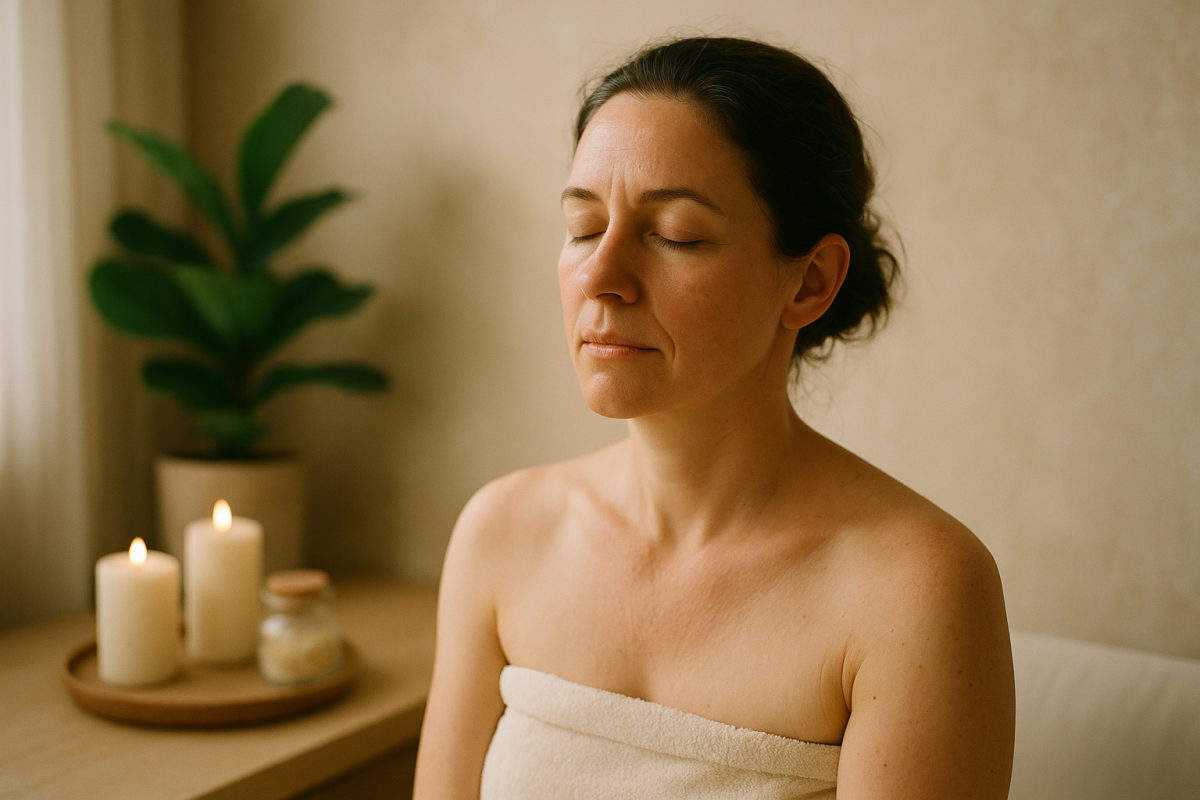 Wohltuende Hot-Stone- und Ölmassage am Rücken in warmer, entspannter Spa-Atmosphäre