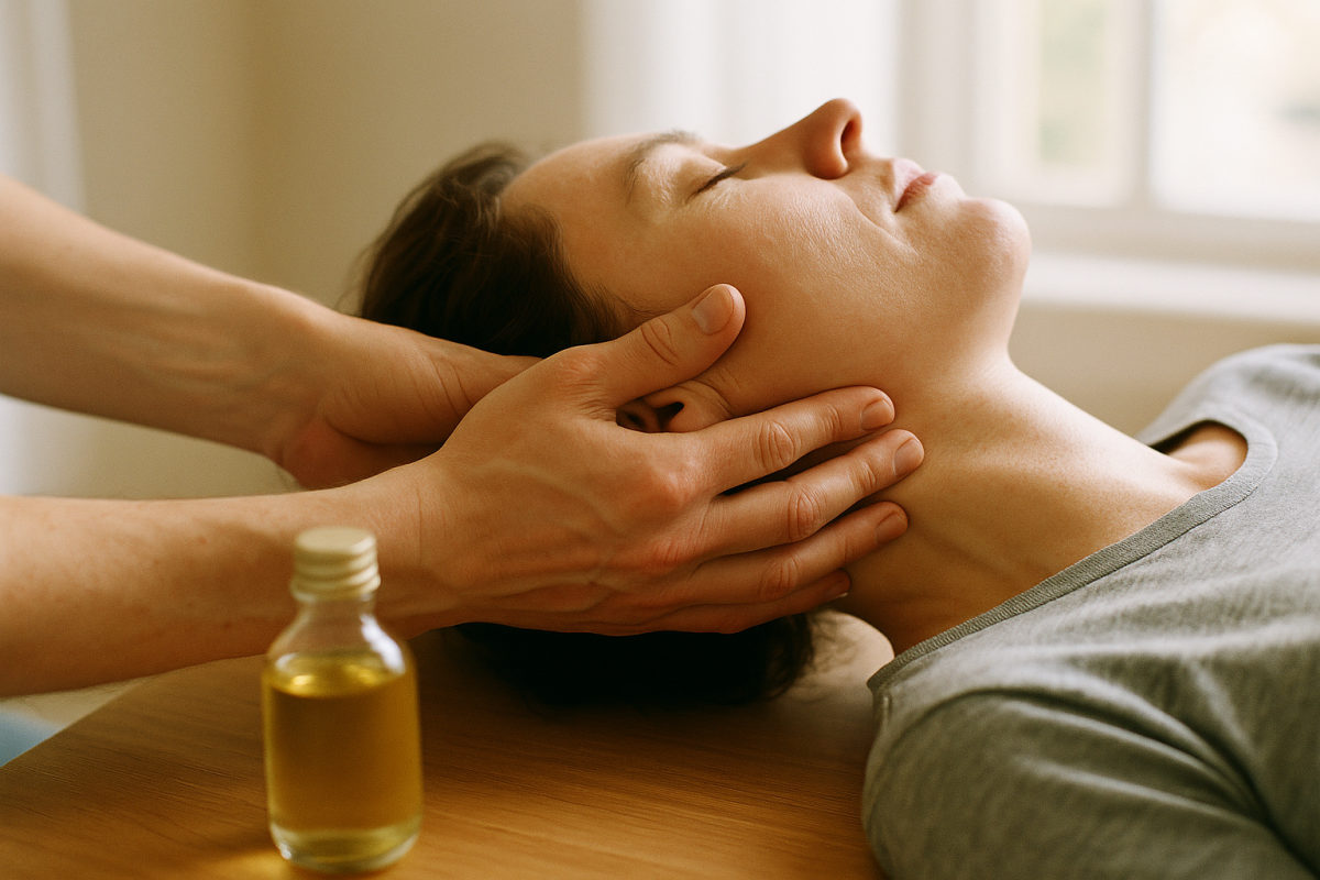 Nacken- und Kieferbereich werden sanft massiert, daneben ein Fläschchen mit leichtem Massageöl