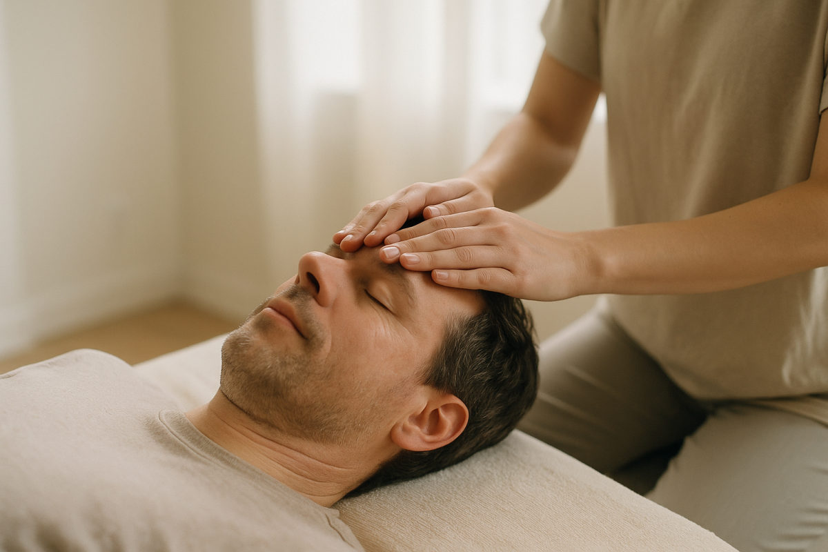 Sanfte Stirn- und Gesichtsmassage an einer entspannt liegenden, bekleideten Person in einem hellen, ruhigen Raum
