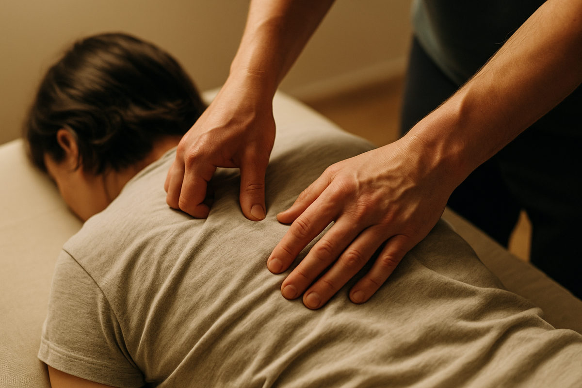 Hände üben eine klassische Massagetechnik am bekleideten Rücken eines Modells