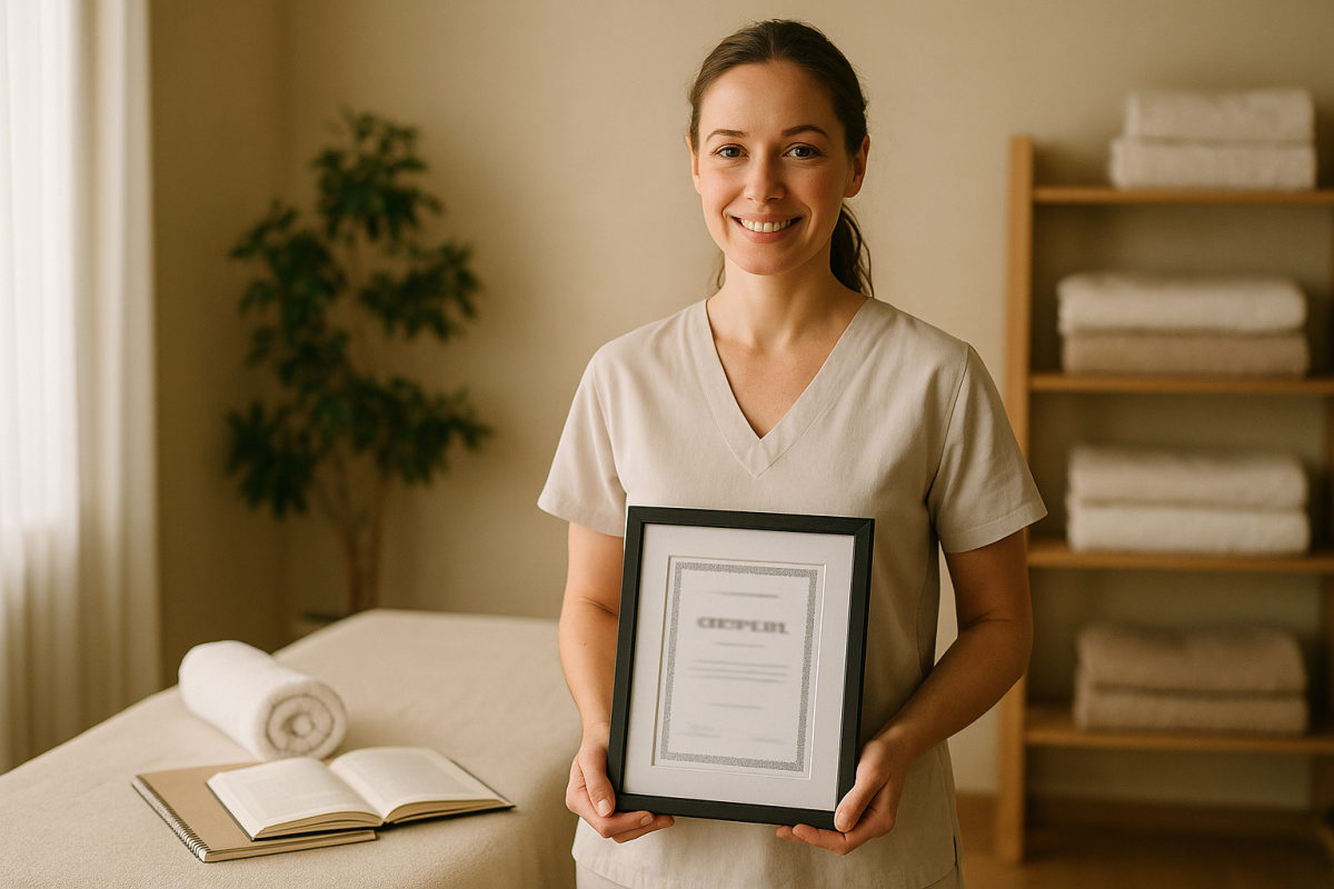 Wellness-Praktikerin mit Zertifikat und Lernmaterial in einer hellen Massagepraxis