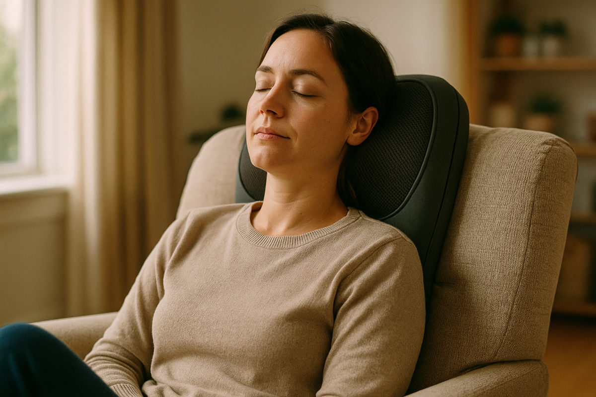 Entspannte Person mit Shiatsu-Nackenmassagegerät am Rücken