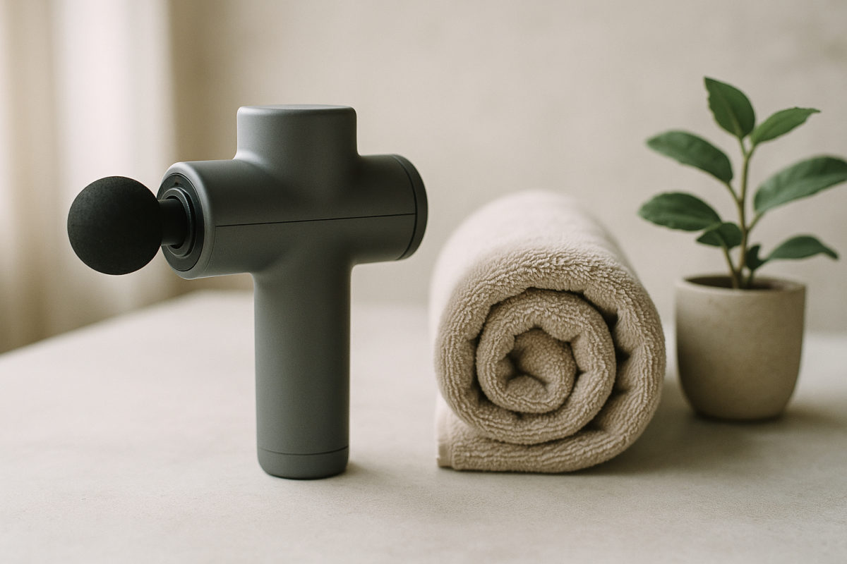 Massagegerät auf neutralem Hintergrund in ruhiger Wellness-Szene