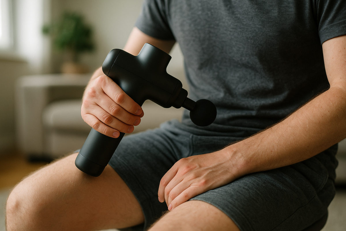 Person wendet eine Massagepistole am Oberschenkel an