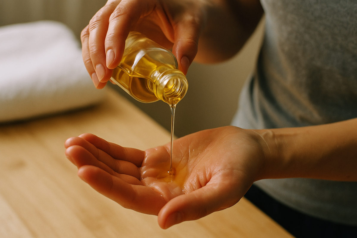 Goldenes Massageöl wird aus einer Flasche in die geöffnete Handfläche gegossen