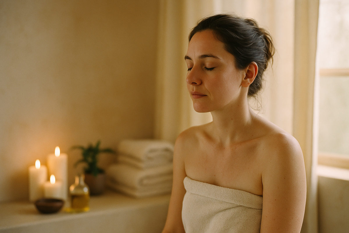 Sanfte Öl-Massage am mit einem Handtuch bedeckten Rücken in entspannter Wellness-Atmosphäre