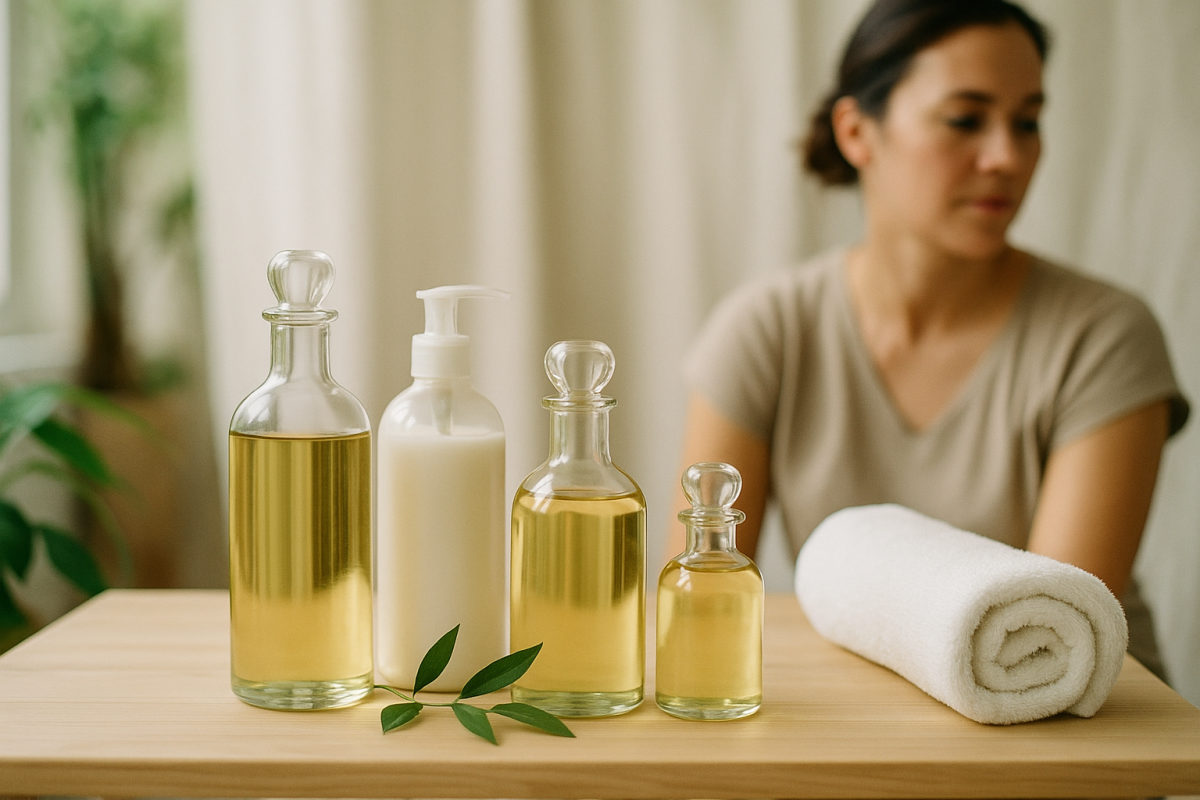 Verschiedene Massageöle und Lotionen in Glasflaschen auf einem hellen Holztisch in heller Wellness-Umgebung