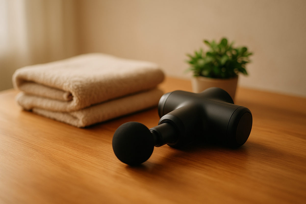 Massagepistole liegt auf einem Holztisch neben einem zusammengelegten Handtuch und einer Pflanze in warmem Licht