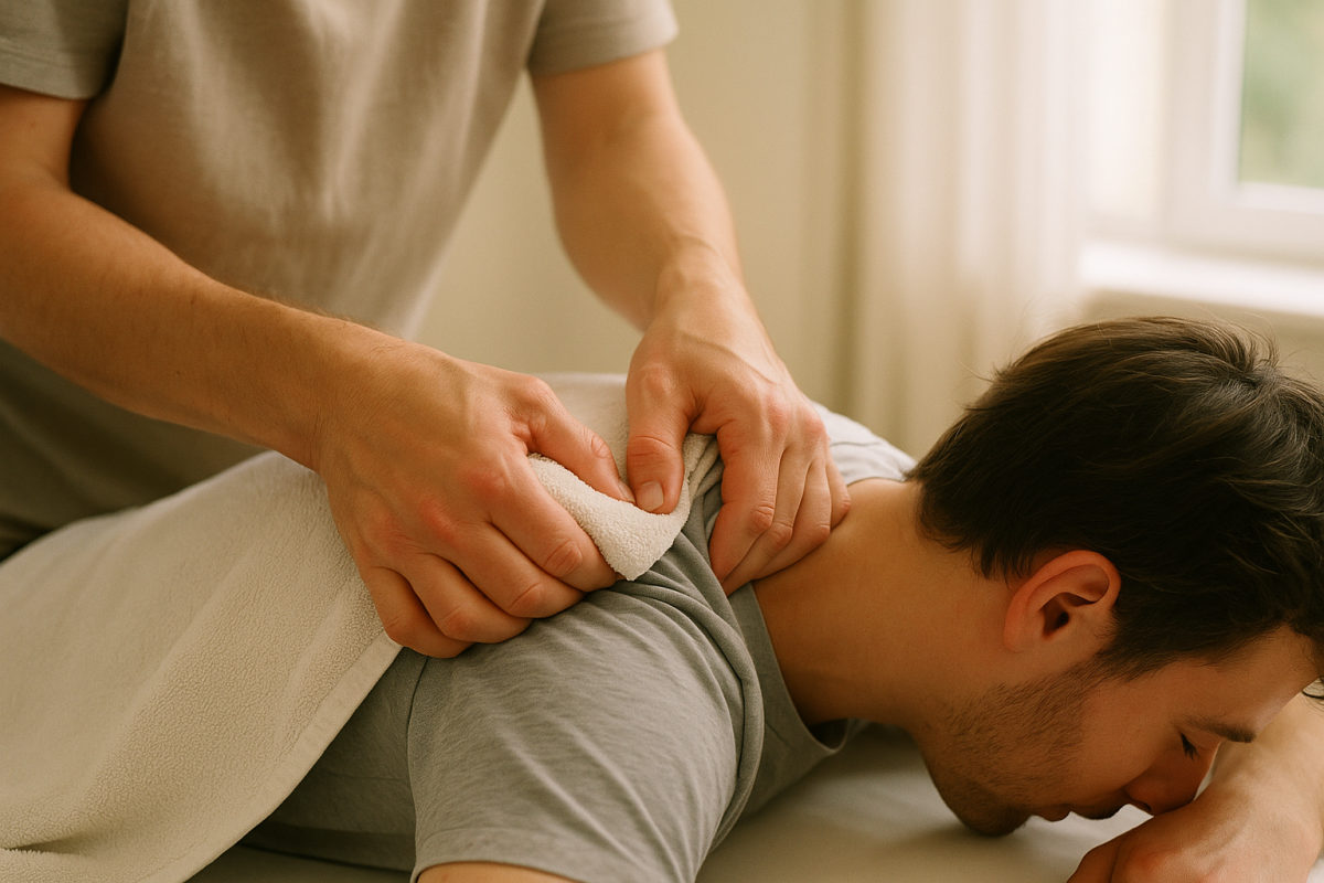 Detailaufnahme der Hände eines Masseurs bei der Knetung der Schulter- und Nackenmuskulatur