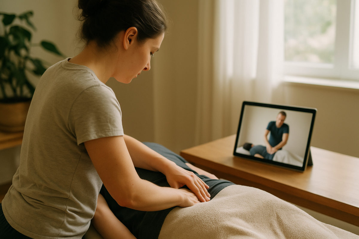 Person übt eine Massagetechnik nach einem Lehrvideo an einem mit Handtuch bedeckten Modell