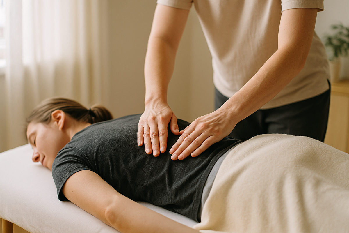 Hände eines Masseurs bei einer entspannenden Rückenmassage an einer mit Handtuch bedeckten Person in einem hellen, ruhigen Raum