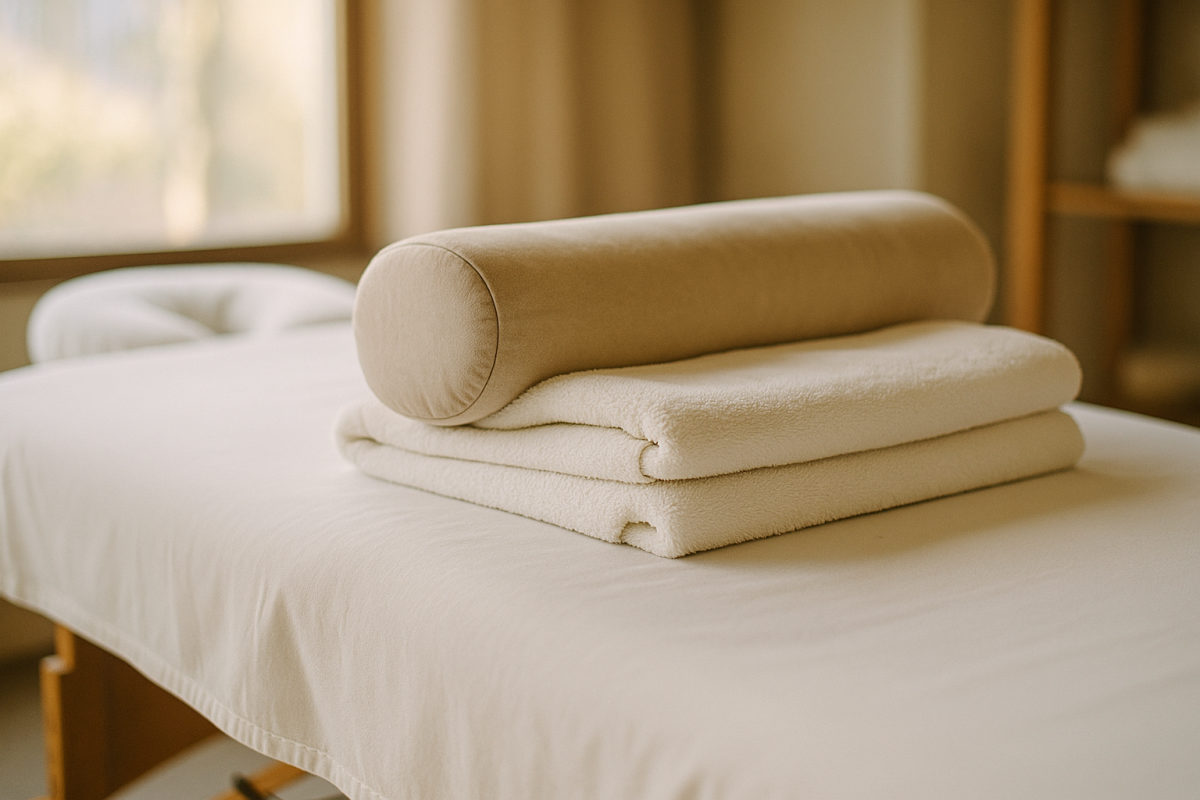 Detailaufnahme einer Massageliege mit sauberen Handtüchern und einem Bolster-Kissen