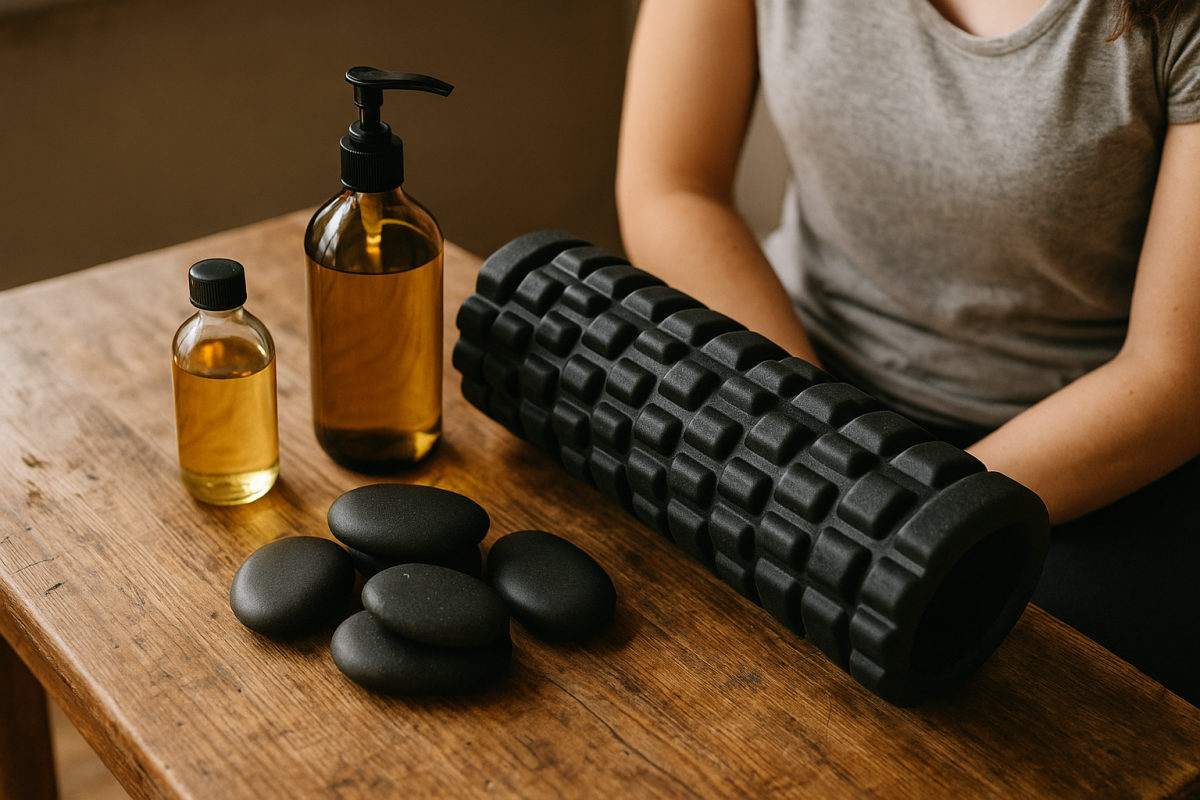 Zubehör-Arrangement mit Massageölen, Hot Stones und einer Faszienrolle auf Holz