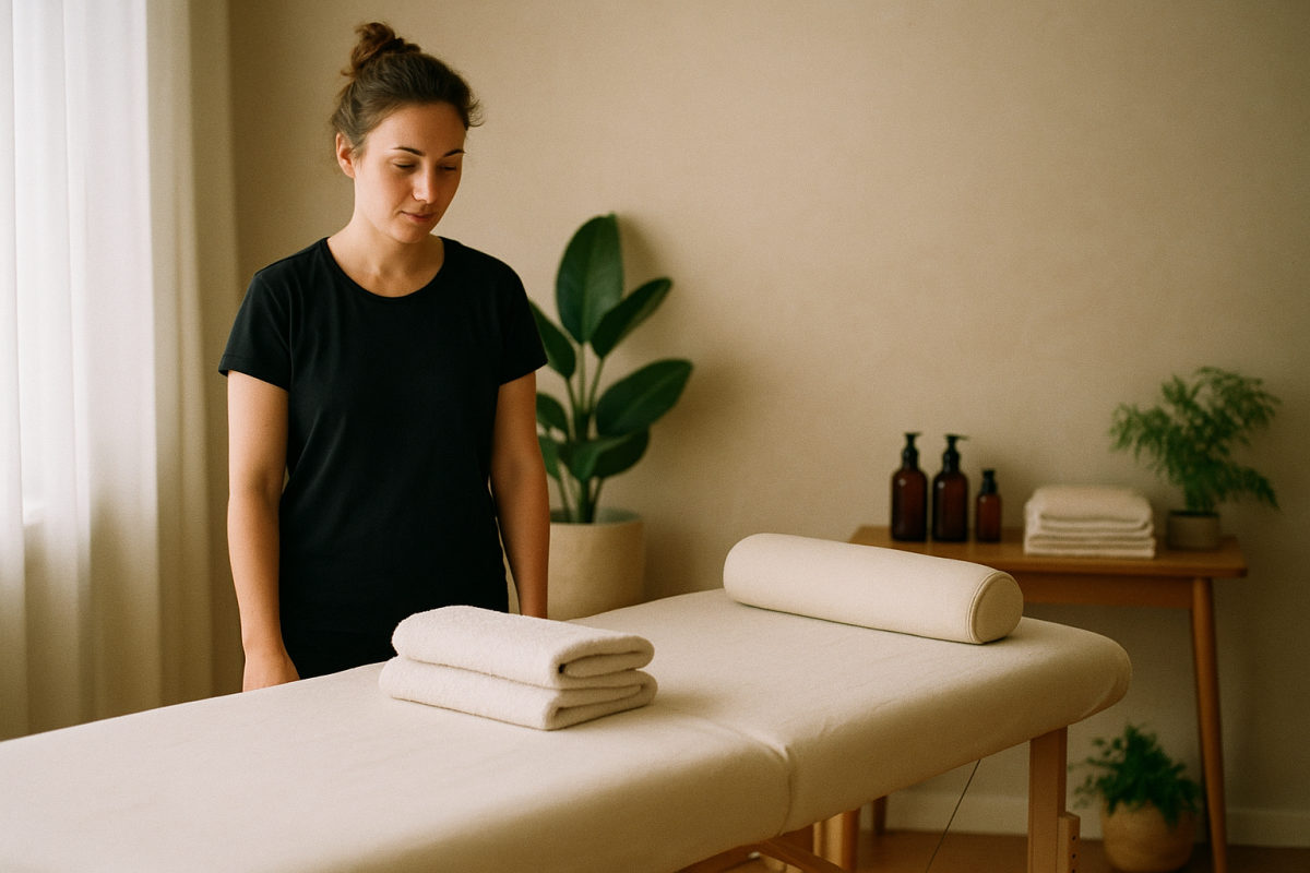Ordentlich ausgestatteter Massageraum mit Liege, Handtüchern, Ölen und Kissen in ruhiger Atmosphäre