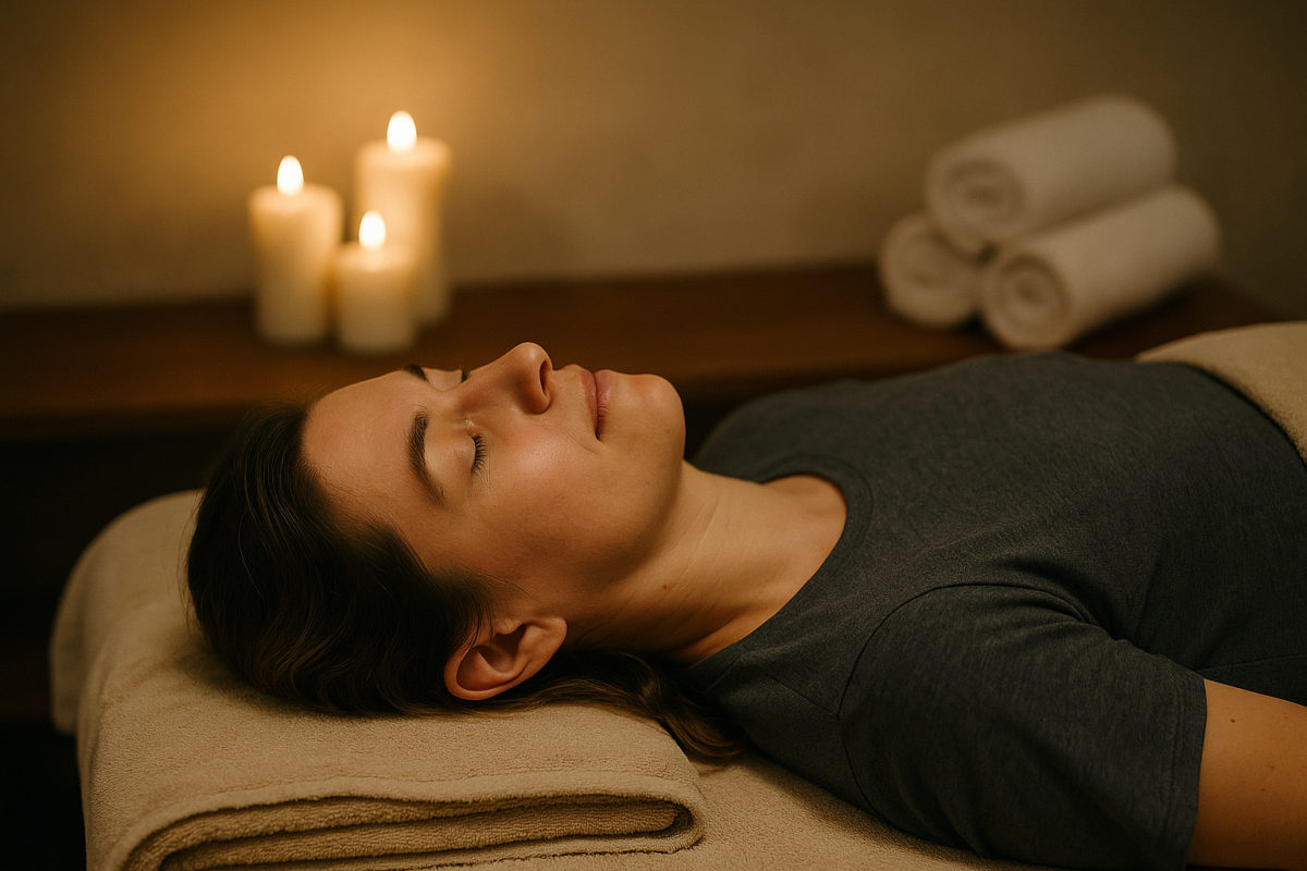 Entspannte Wellness-Atmosphäre mit ruhiger, bedeckter Klientin auf der Massageliege